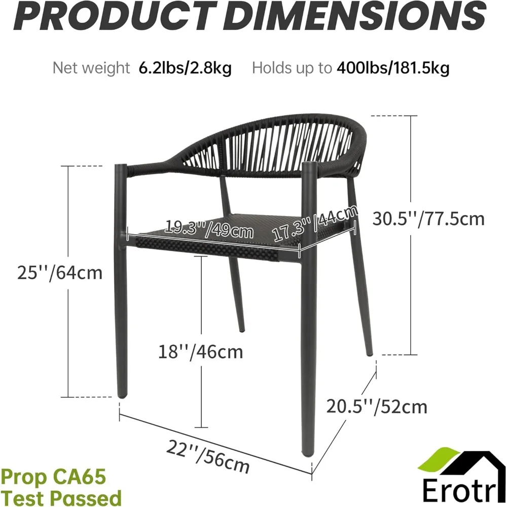 4 Pcs Stackable Dining Chairs, Aluminum Rattan Outdoor Dining Chair with Arms, Woven Rope Patio Armchair Metal No Assembly 2