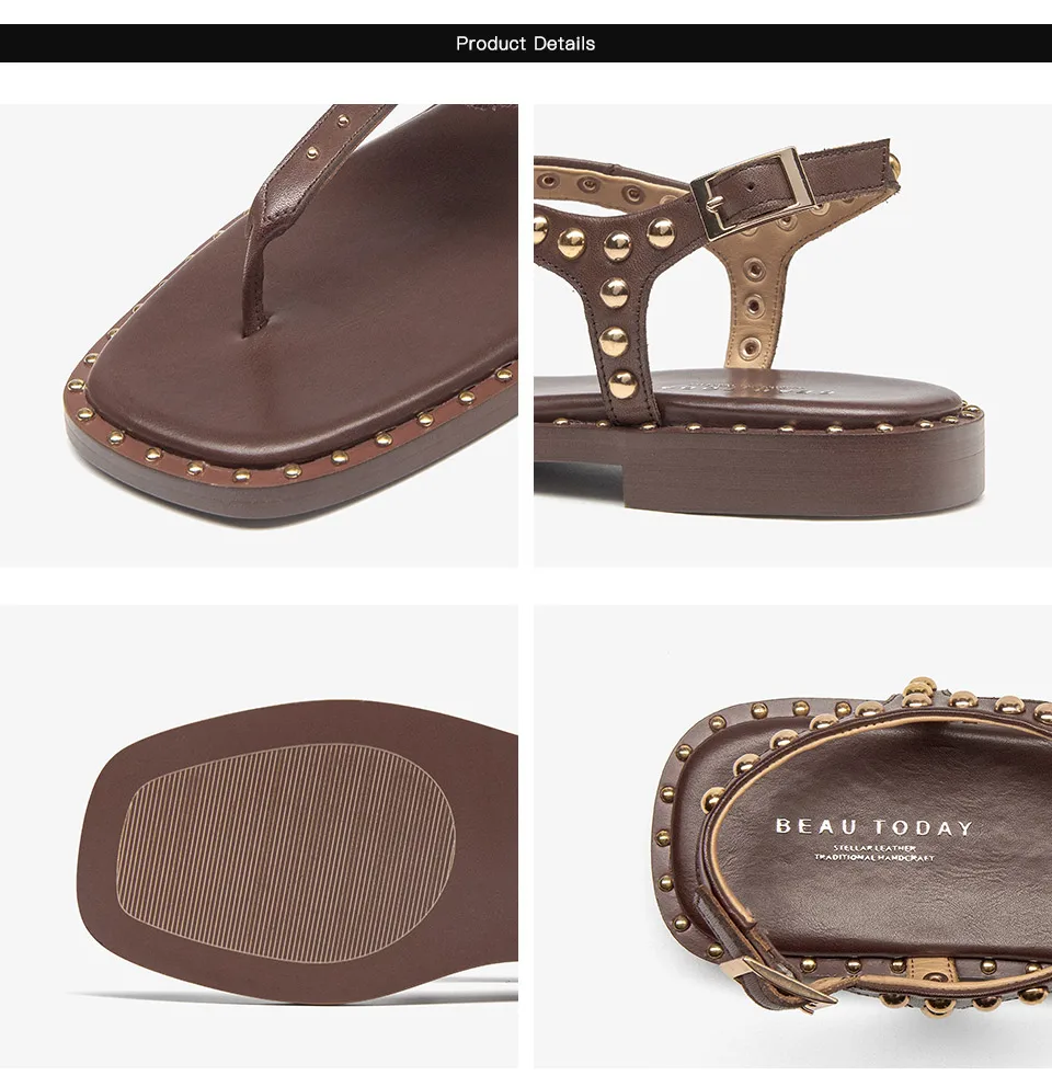 BEAUTODAY Gladiator Sandals Women Calfskin Leather Fringe Rivet Flip Flops Summer Ladies T-Strap Flat Shoes Handmade_vogvips.com