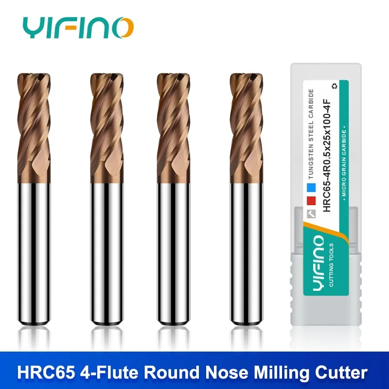 

YIFINO HRC65 4-Flute Alloy Coating Tungsten Steel Carbide Round Nose Milling Cutter CNC Mechanical Machining Special Endmills