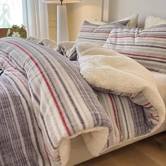 Grey and Red Striped Sherpa Fleece Comforter Set with 2 Pillowcases, Queen Size, Plush and Warm