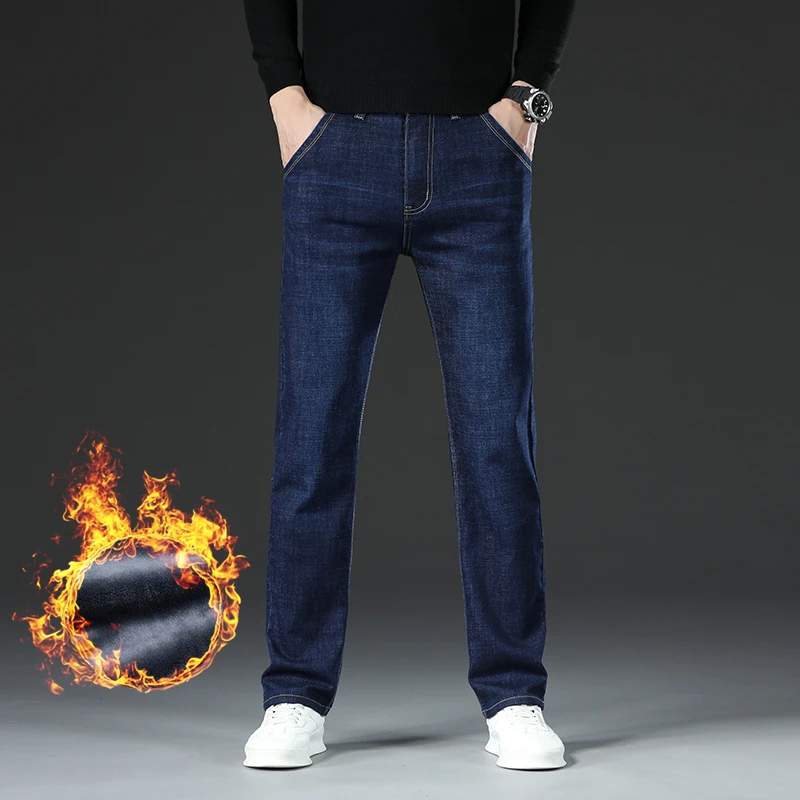 Winter Warm Fleece Jeans Men's Thick Thermal Casual Straight Denim Pants Male Business Work Stretch Trousers New Clothing 6