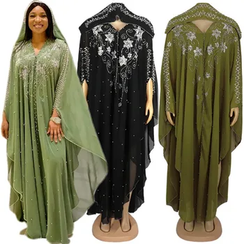 Fashion African Women Luxury Diamonds Beaded Evening Dresses Dubai Abaya Islamic Morocco Kaftan Ethnic Style Chiffon Robe Arab 1