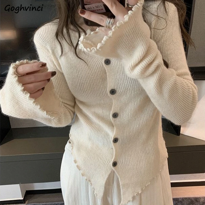 

Long Sleeve Cardigans Women Button-up Solid Spring New Slim Knitted Tops Korean Style O-neck Ruffles All-match Streetwear Soft