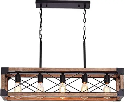 

Farmhouse Rustic Wood Chandelier, 5 Lights Metal Rectangle Dining Room Swag Lighting, Kitchen Island Industrial Linear Cage Pend