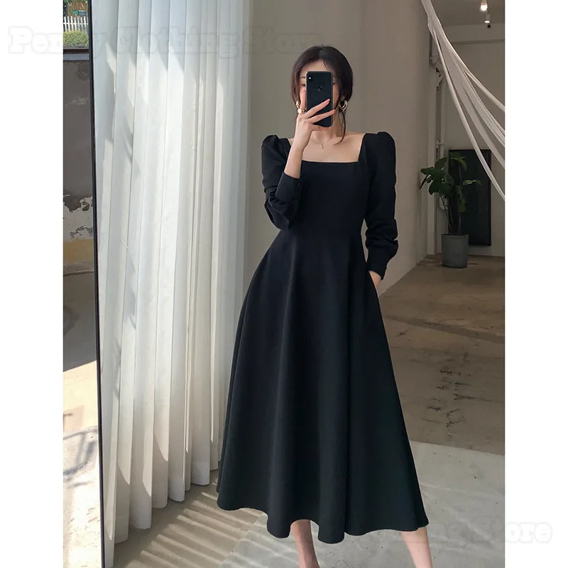 

2024 Retro Hepburn Style Spring New Dress Women's Long Sleeve French Square Neck Waist Slimming Bottoming Long Dress