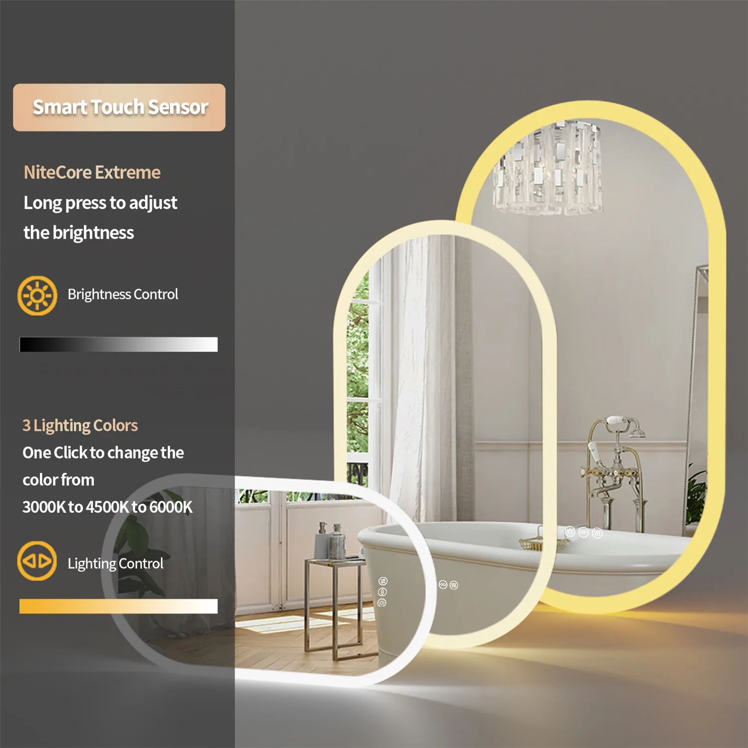 Backlit Smart LED Bathroom Mirror: Oval Dimmable 3 Colors Anti-Fog Mirrors with Light Memory - IP65 CRI95 Large Wall Mounted 6