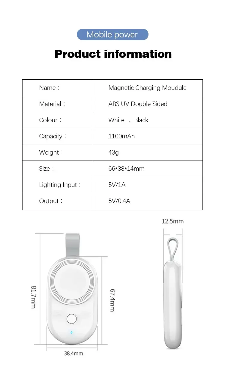 Portable Magnetic Watch Wireless Charger For Apple Watch iWatch 9 8 UItral 7 6 5 4 3 SE 1100mAh Battery Inside Fast USB Charging