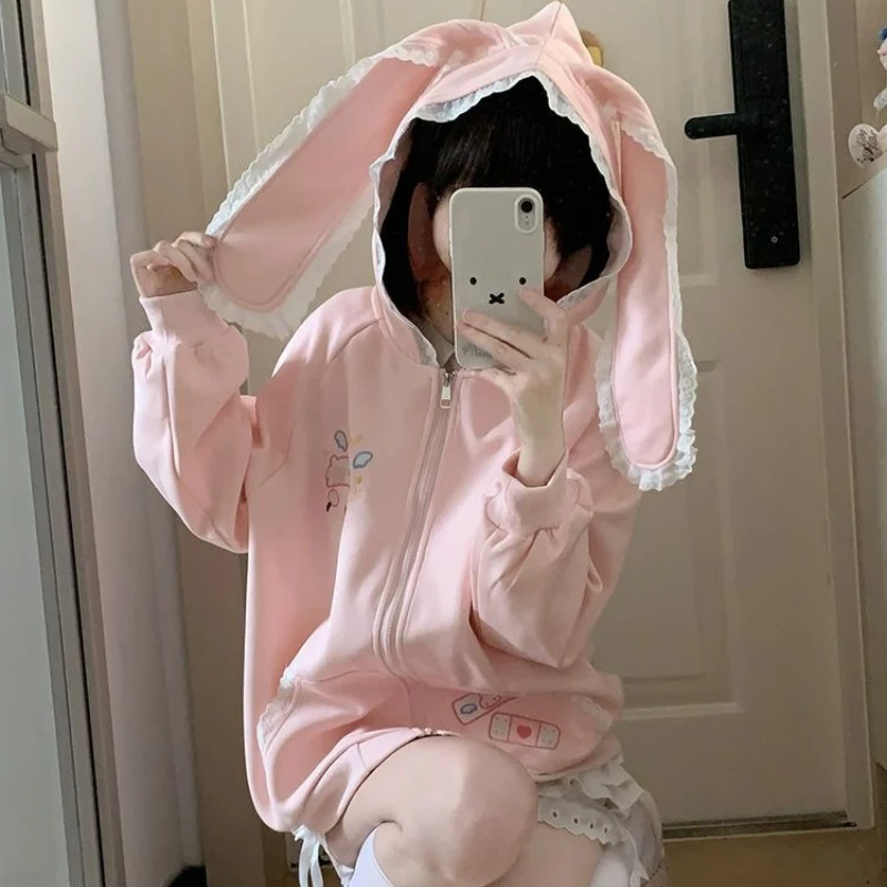 일본 만화 토끼 프린트 캐주얼 카와이 후드티 Y2K 감성 레이스 토끼 귀 여성 후디 하라주쿠 가을 지퍼 스웨트셔츠 이미지 2