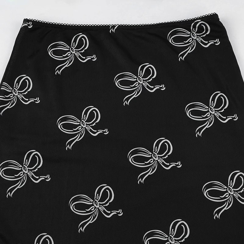 Falda Y2K Fairycore para mujer, con estampado de lazo y ribete de encaje, de cintura baja, de malla, ajustada, estilo grunge de los años 2000, para fiestas y ropa de calle.