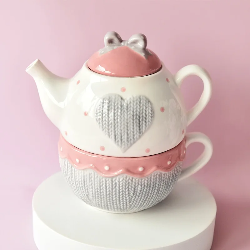 

Porcelain Tea Pot and Cup Set,Ceramic Water Pot,Flower Coffee Drinkware Set,One Person Milk Mug,Teaware,Dishwasher Safe,Pink