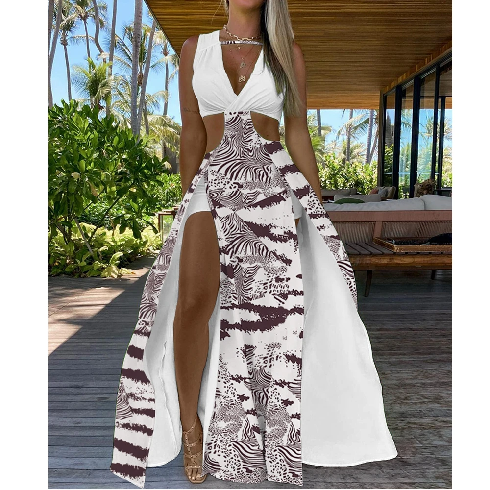 

Wepbel Sleeveless Hollow-out Long Dress Women Summer Sexy Beach Long Dress Zebra Stripe Tie Dye Cutout High Slit Maxi Dress