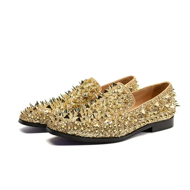 

Gold Silver Bling Spiked Shoes Men Round Toe Rivet Studded Sequined Flat Shoes for Man Slip On Party Catwalk Shoes Male Shoes