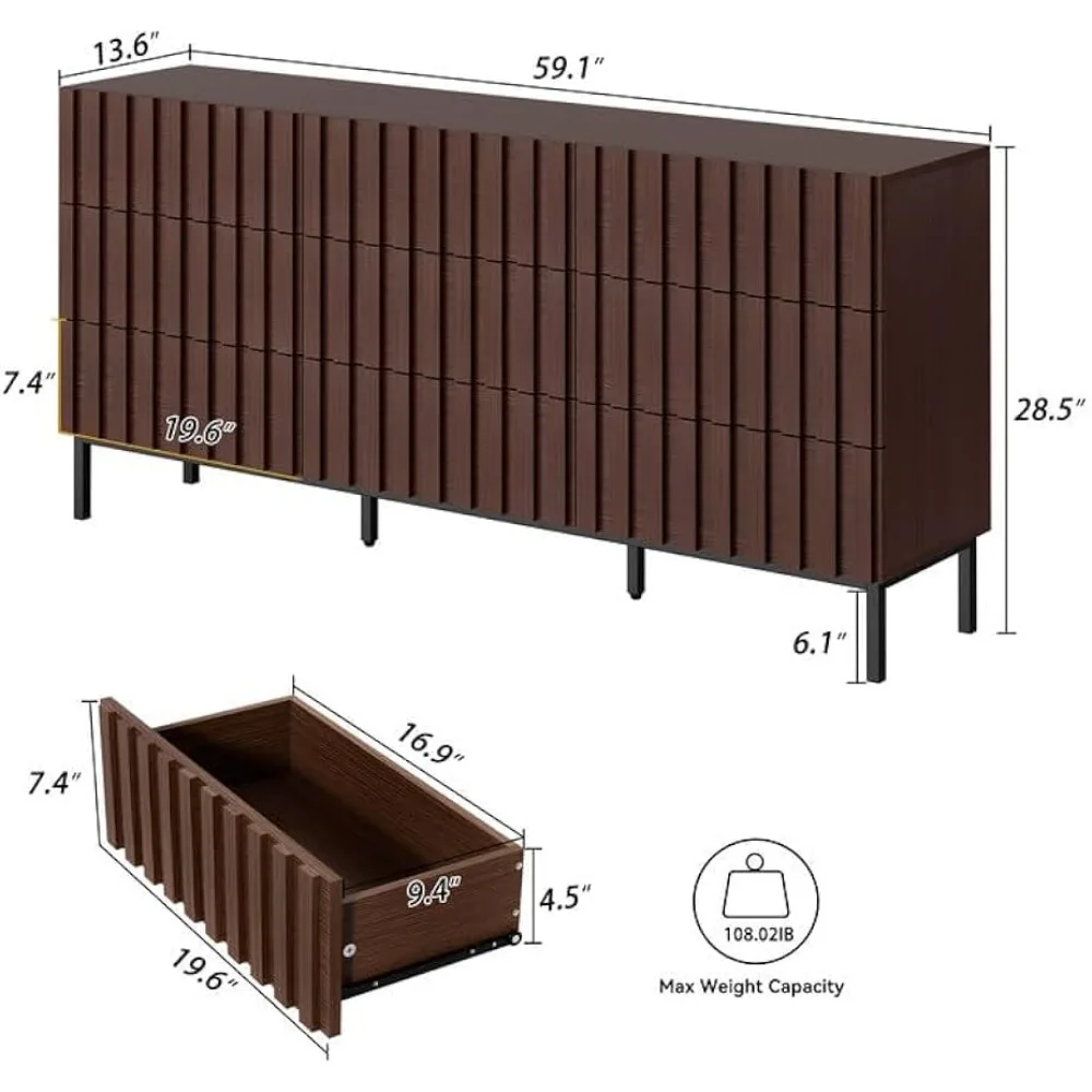 Fluted 6 Drawer Dresser For Bedroom, Wide Modern Chest Of Drawers With