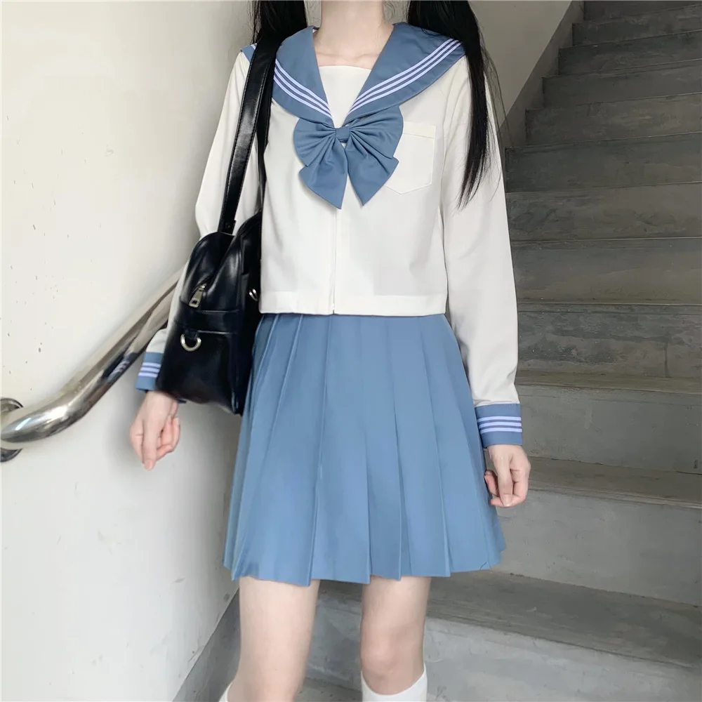 Japanese Korean Style Cute Blue Sailor Set Women Seifuku Student JK Uniform Sailor Suit Cosplay Costumes Girls Pleated Skirt