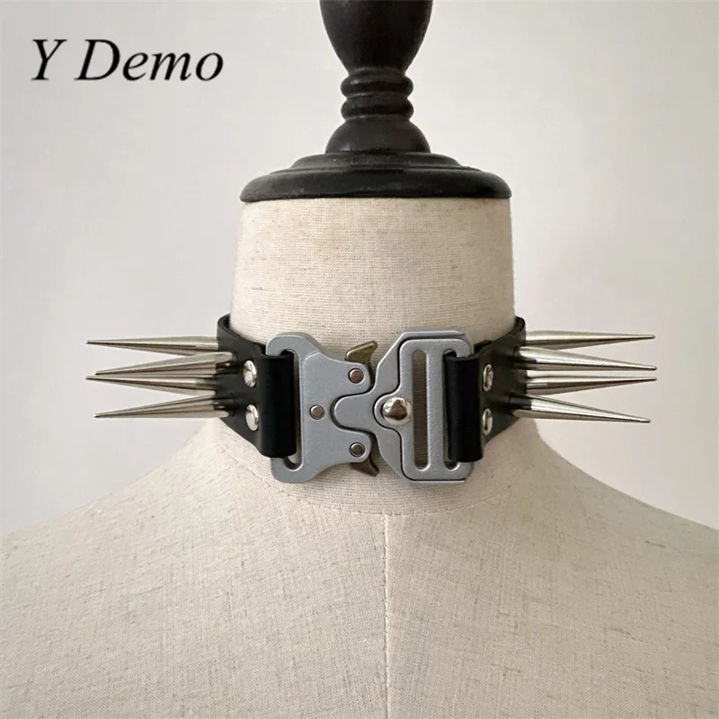 Y Demo Techwear Punk Stainless Steel Buckle Rivets Women's Choker Necklace Rock Accessory Handmade