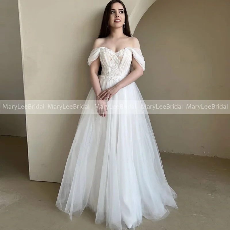 

Flowing Tulle A-line Boho Bridal Dress with Exquisite Lace Appliques Off the Shoulder Lightweight Mori Wedding Gowns Tailor Made