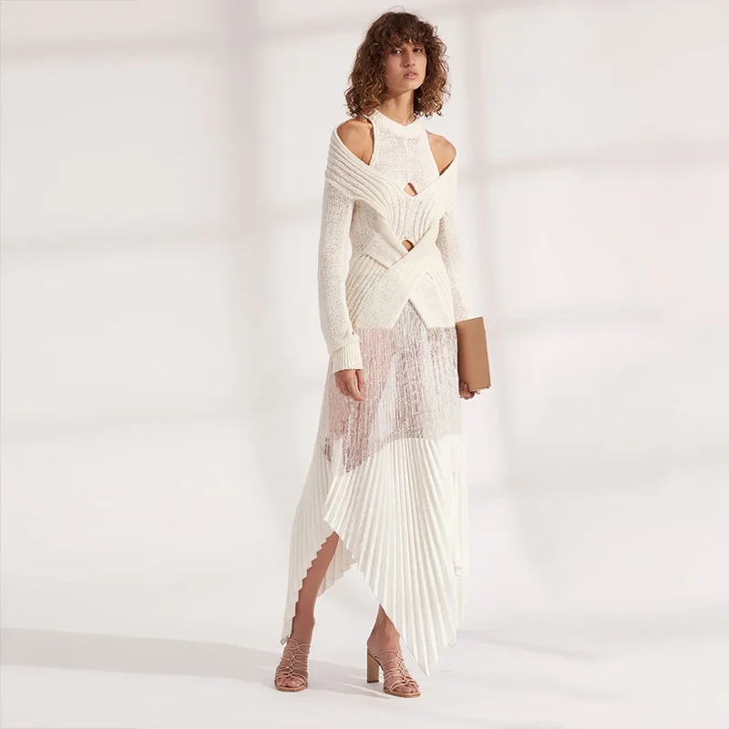 

Elastic Knitting Women Sweater Irregular Autumn and Winter Loose Shirt Long Sleeve Round Neck Top for Women Sexy Hollow Coat