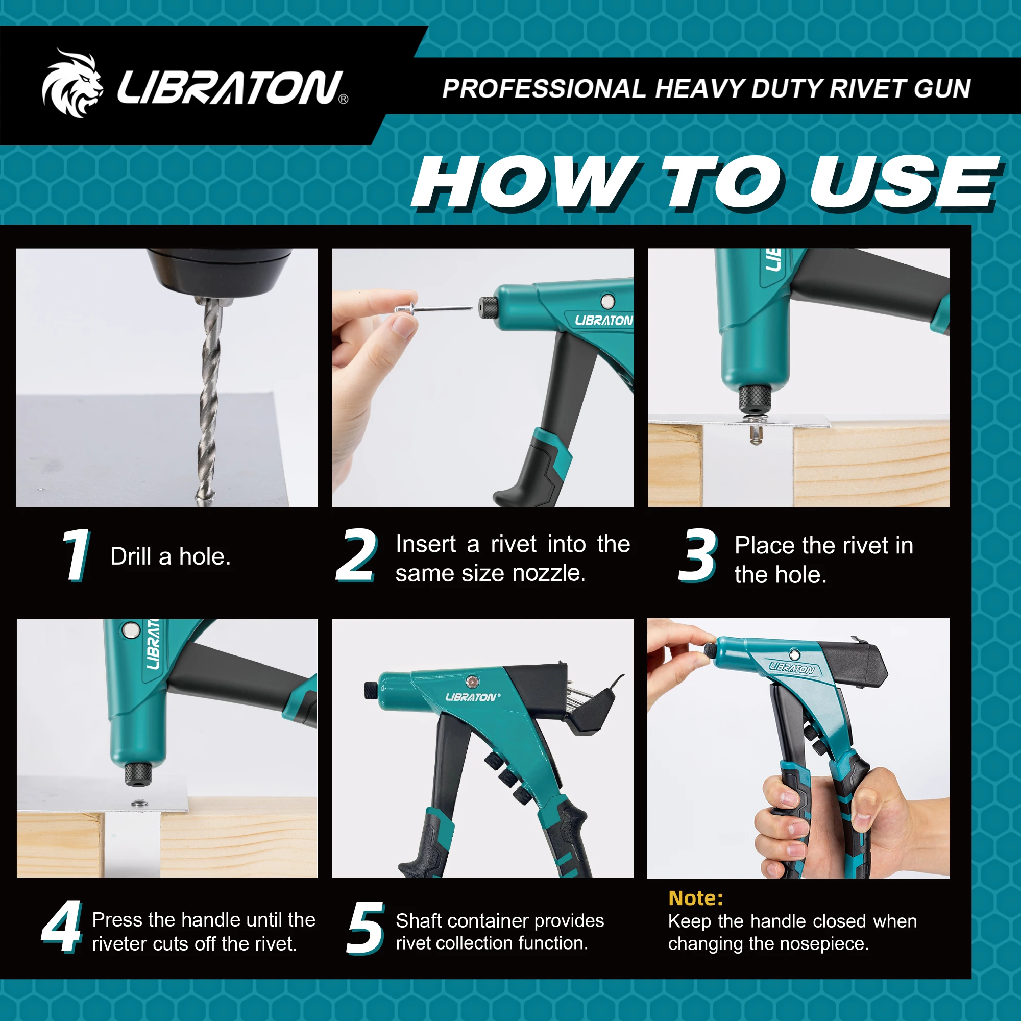 Rivettatrice Manuale Libraton A Due Mani - Kit Con 250 Rivetti, 5 Ugelli, Punte HSS | Professionale Per Auto, Fai Da Te - Foto 6