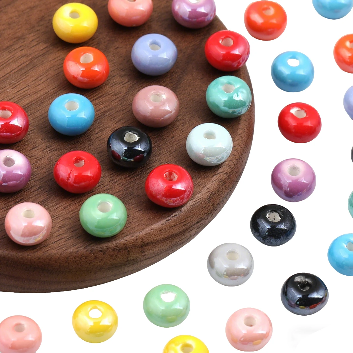 30/60pcs 무작위 색상 5*8mm 광택 플랫 라운드 세라믹 비즈, DIY 팔찌 수제 보석 공예 만들기를위한 느슨한 스페이서 비즈