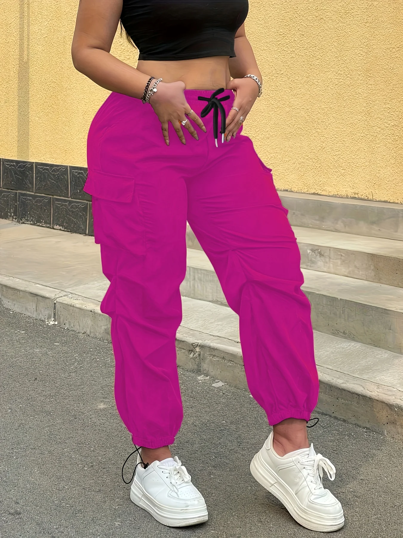 Women's Casual Streetwear Pink Cargo Pants Loose Drawstring Waist Jogger Trousers Plus Size Trendy Spring Summer Fashionable 3