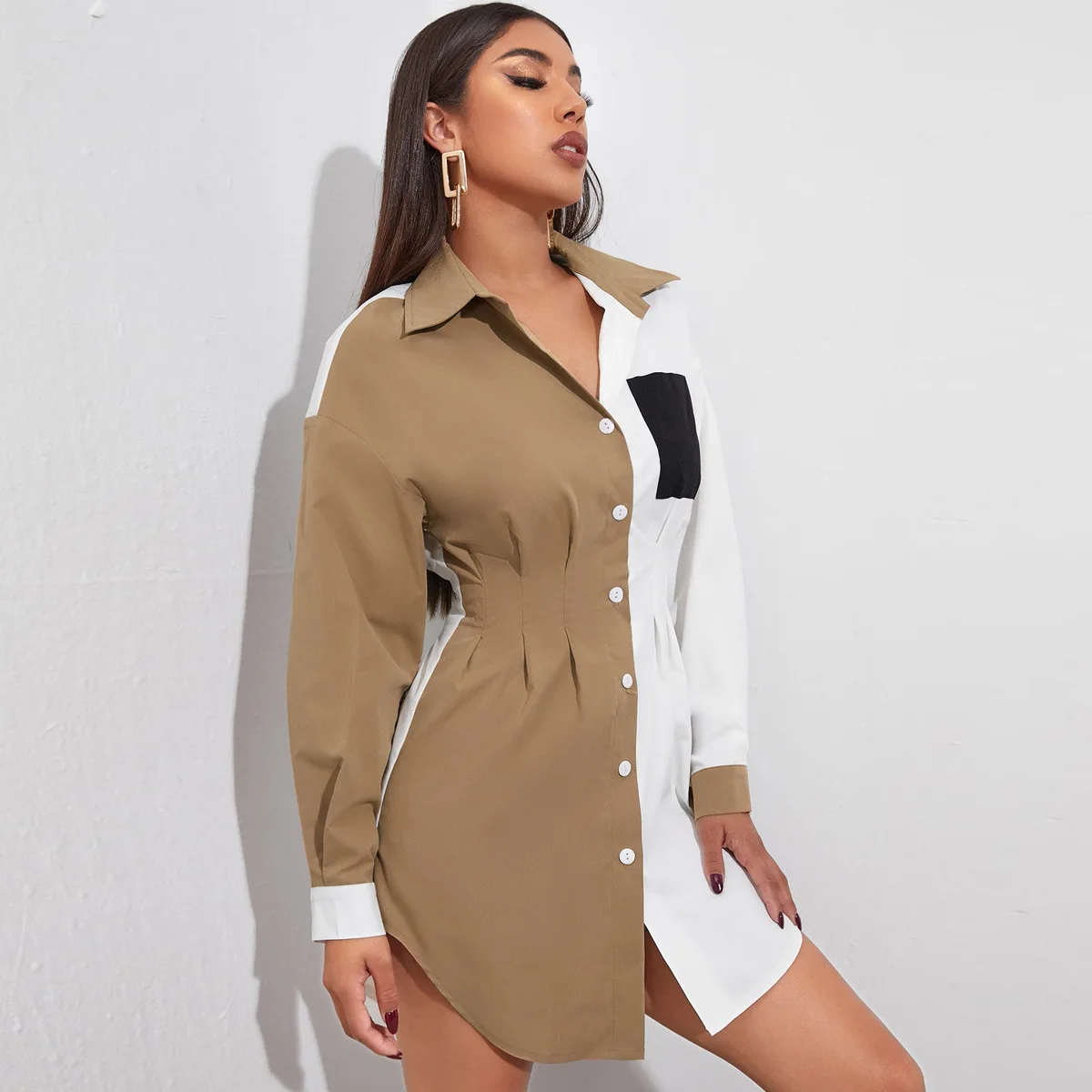 

2021 Autumn And Winter New Women's Clothing Collection Waist Style Contrast Stitching Top Pocket Long Sleeve Chiffon Shirt