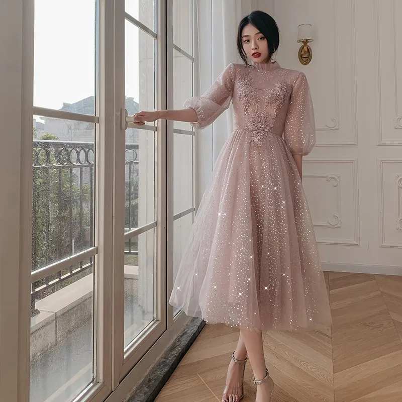

Sexy Illusin Flowers Long Evening Dress Elegant High Neck Vestido De Noche With Sleeves Shiny Sequin Simple Suknie Wieczorowe