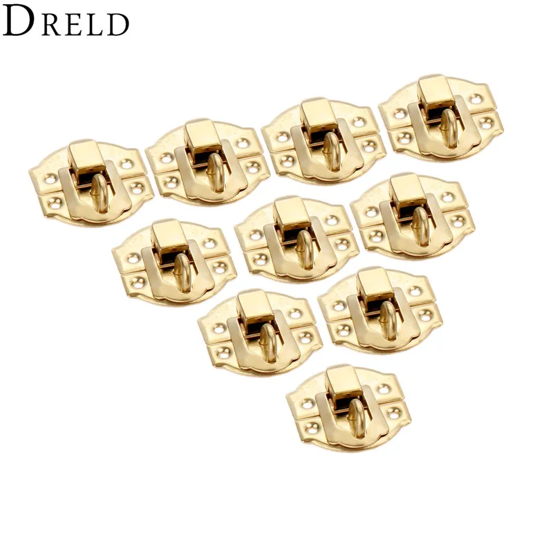 DRELD 10pcs Gold Box Latches Hasps Lock Catch Latches Furniture Fittings Jewelry Chest Box Suitcase Buckle Clip Clasp 27*29mm