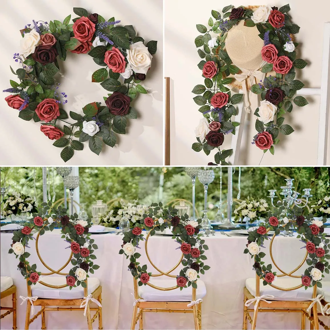 

2M Fake Floral Garland Luxury Artificial Roses Flower with Stems,Row Arrangement Decor DIY Wedding Rose Vine Tables Centerpieces