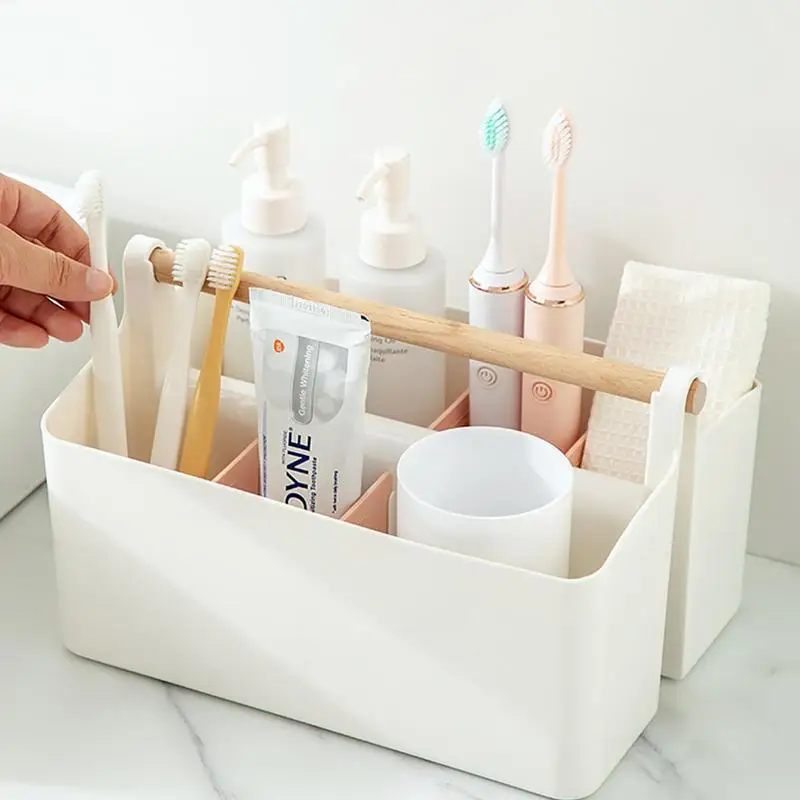 Portable Shower Basket Desktop With Compartments And Wooden Handle  Waterproof Caddy For Bathroom Kitchen Storage Box Organizer - AliExpress