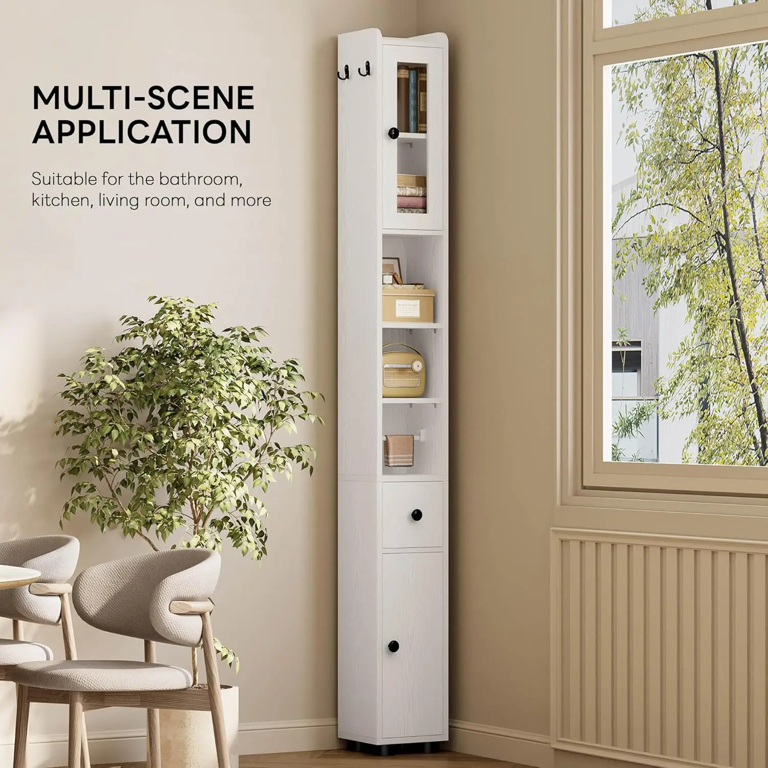 71" Tall Bathroom Storage Cabinet, Narrow Storage Cabinet with Adjustable Shelves, Retractable Toilet Paper Rod and 2 Hooks