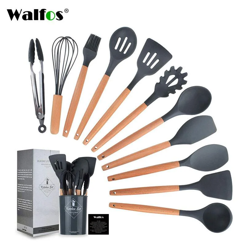 

Walfos Silicone Cooking Utensils Set Wooden Handle Spatula Shovel Ladle Brush Cooking Tool Kit Non-stick Cookware Kitchen Tools