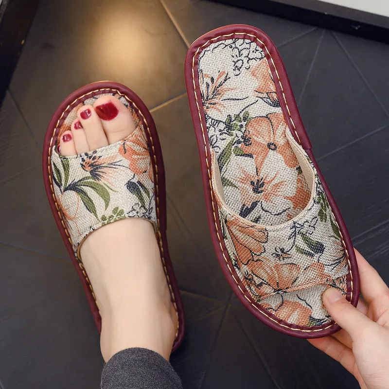 Women's Ethnic Print Linen Slippers Indoor Silent Anti Slip Sandals Summer Room Low Arch Support Rubber Sole Relax Decompress 4