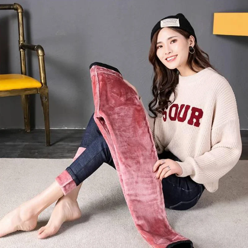Oversize 34 Plus Velvet Snow Jeans Women Winter Warm Thincken Skinny Vaqueroes Ankle-length Pencil Pants Plush Denim Leggings