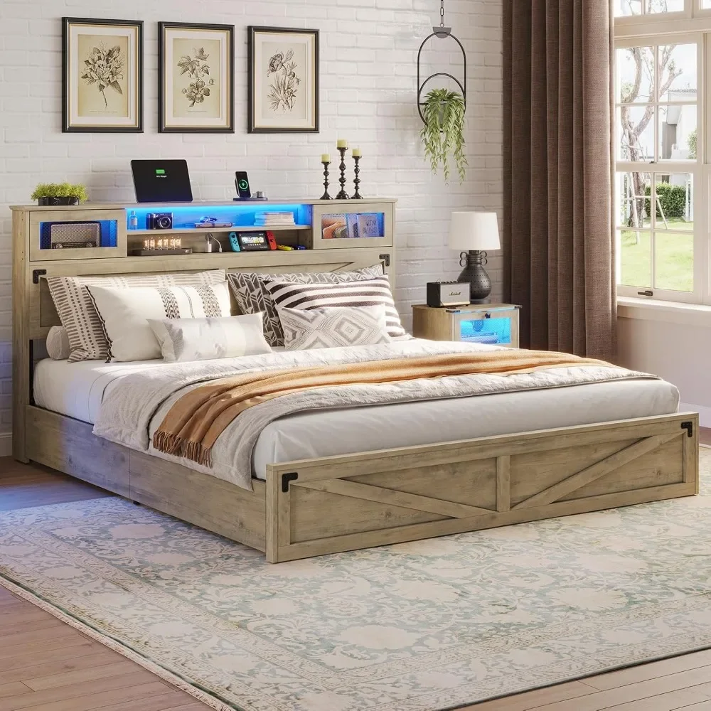 King Bed Frame with Headboard & 2 Drawers, Headboard with LED Lights and Charging Station, Wooden Bed Frame