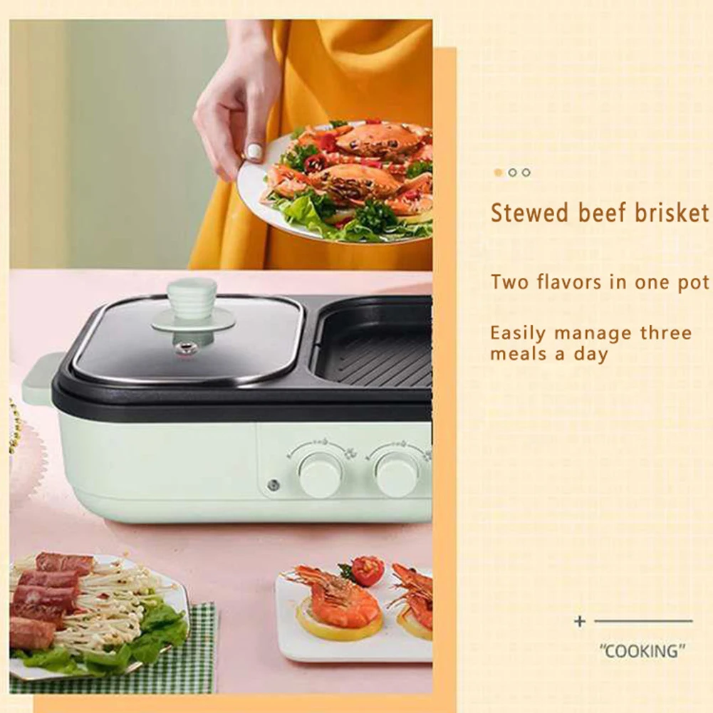 2 in 1 Electric Bakeware Barbecue Machine Dual Temperature Control Frying Pan Shabu Pot and Griddle for Steaks Ramen & Noodles 6