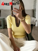 T-shirt élégant en tricot pour femme, jaune, manches courtes, style polo, 100% coton, haut d'été pour femme, Y2k, rose basique, t-shirt pour femme 4
