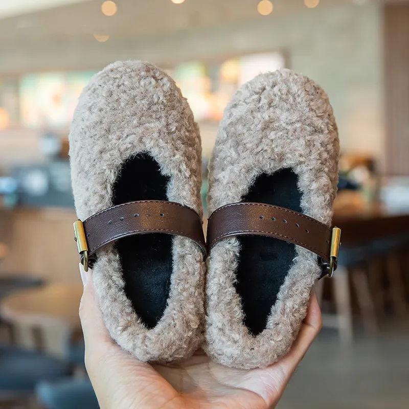 Kid's Autumn Winter Shearling Shoes Children Furry Warm Soft Fashionable Shoes Girls Toddler Cute Fleece Casual Plush Flat Shoes 2