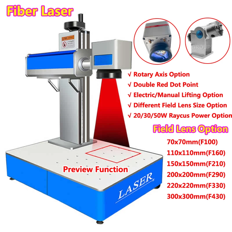 

50W Optical Fiber Laser Engraving Marking Cutting Machine Raycus 30W 20W Jewelry Gold Silver Steel Engraver with Rotary Axis