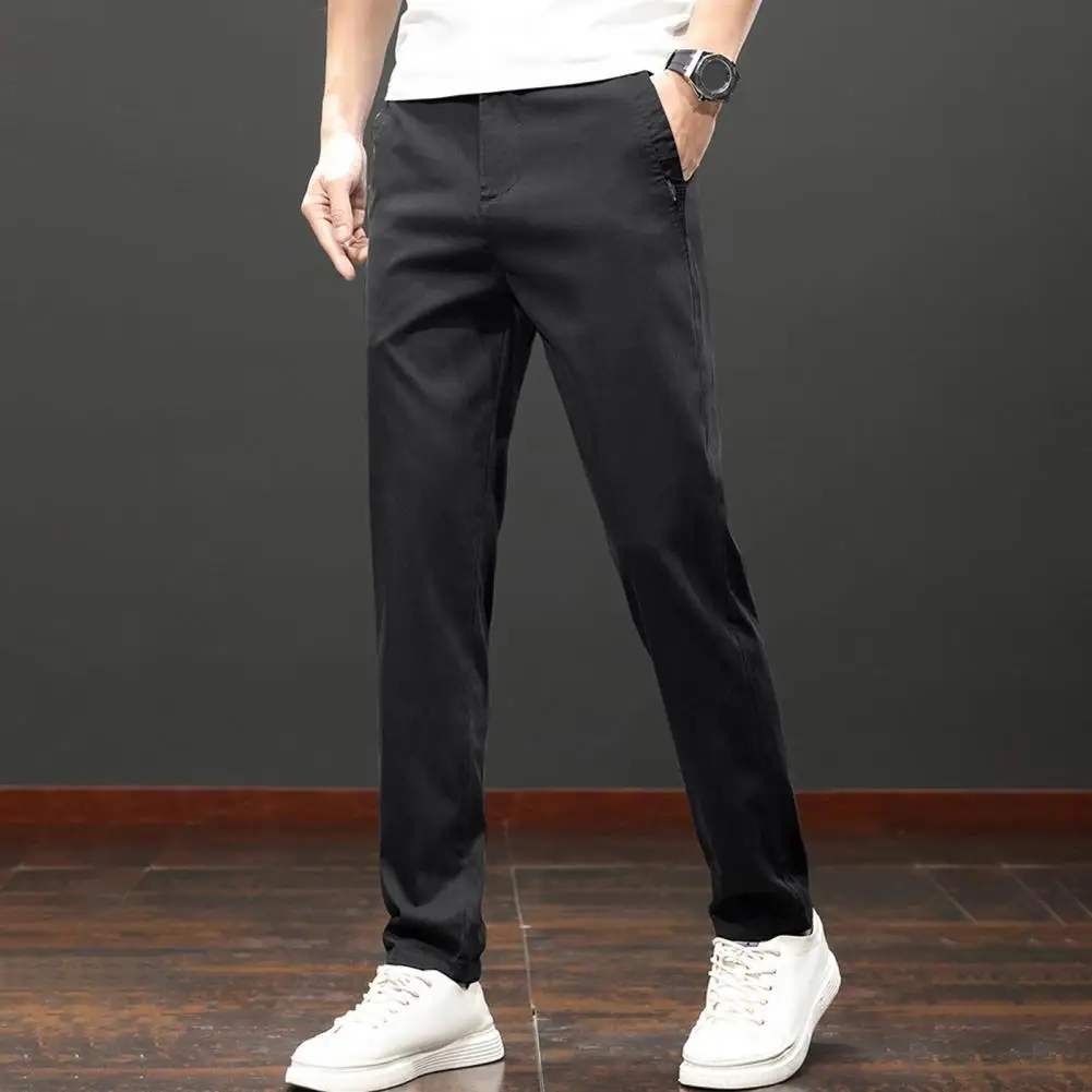 

Men Bottoms Cooling Fabric Slim Fit Men's Pants with Elastic Waist Side Button Closure Zipper Pockets for Casual Commute Long