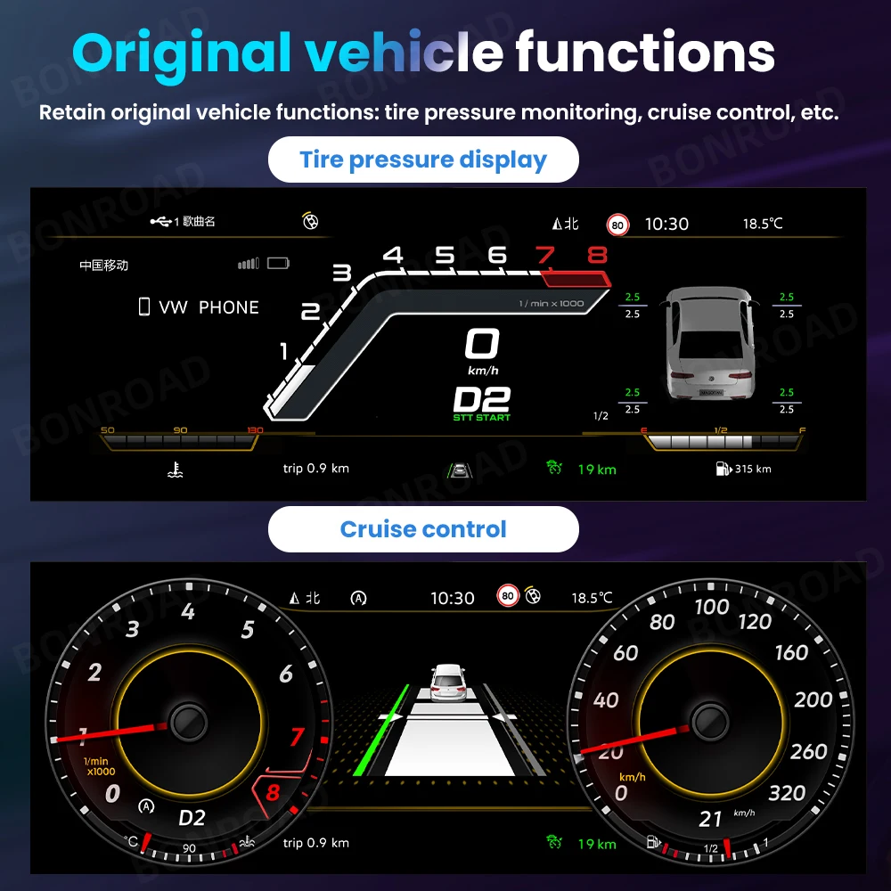 BONROAD Panel de instrumentos digital de 12,3 pulgadas para Volkswagen Golf 7 MK7 2013-2020, panel de instrumentos con velocímetro y cabina virtual LCD con HDMI 3