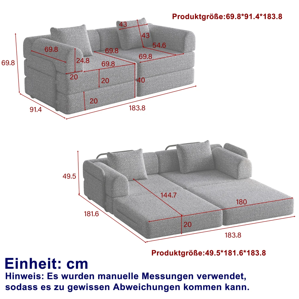 2-in-1 Chenille-Schlafsofa | mit Aufbewahrungsfach für Armlehnen, drei Metallrahmen und mehreren Konfigurationsoptionen, Wohnmöbel – Detail 21