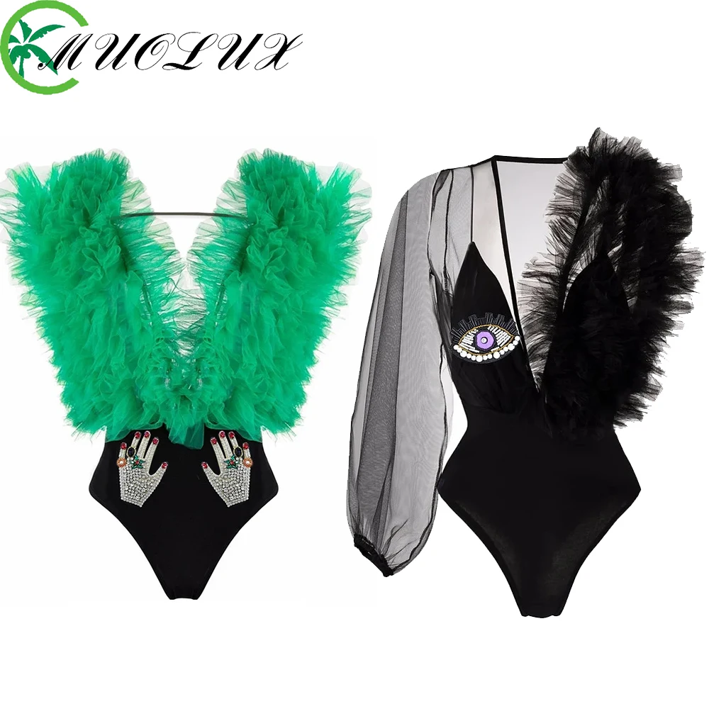 

MUOLUX One Piece Swimsuit 2024 Fashion Bikini Deep V Mesh Bathing Suit Stitching Perspective Devil's Eye Sexy Swinwear Porcelain