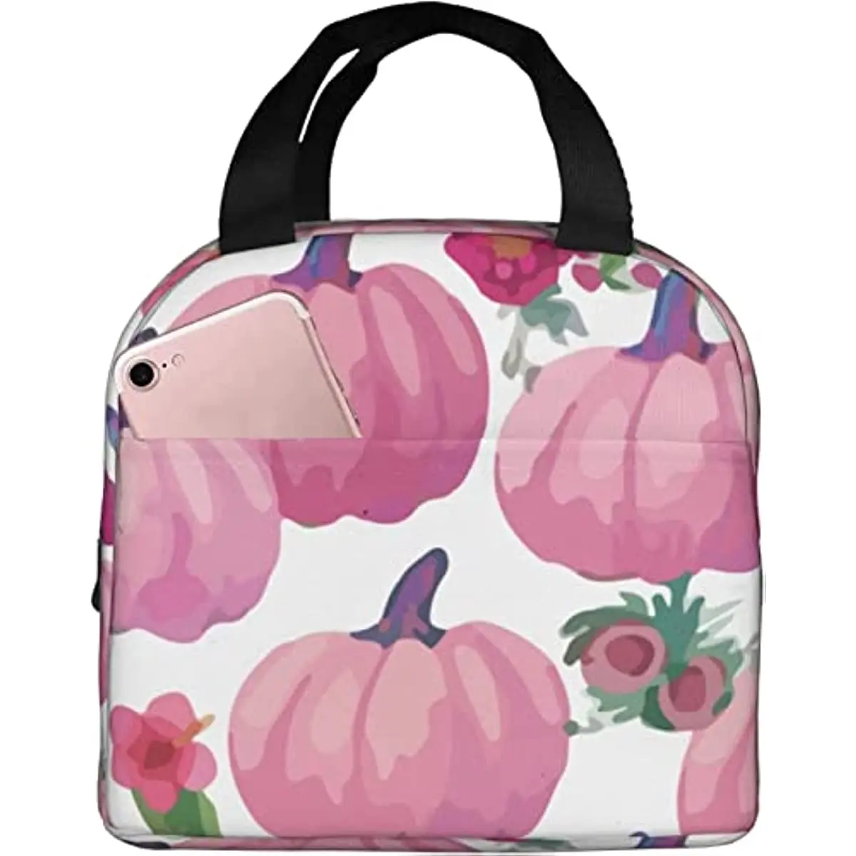 

Многоразовая сумка-тоут для ланча с розовыми тыквами, изолированная сумка для ланча на День Благодарения, прочный охлаждающий Ланч-бокс