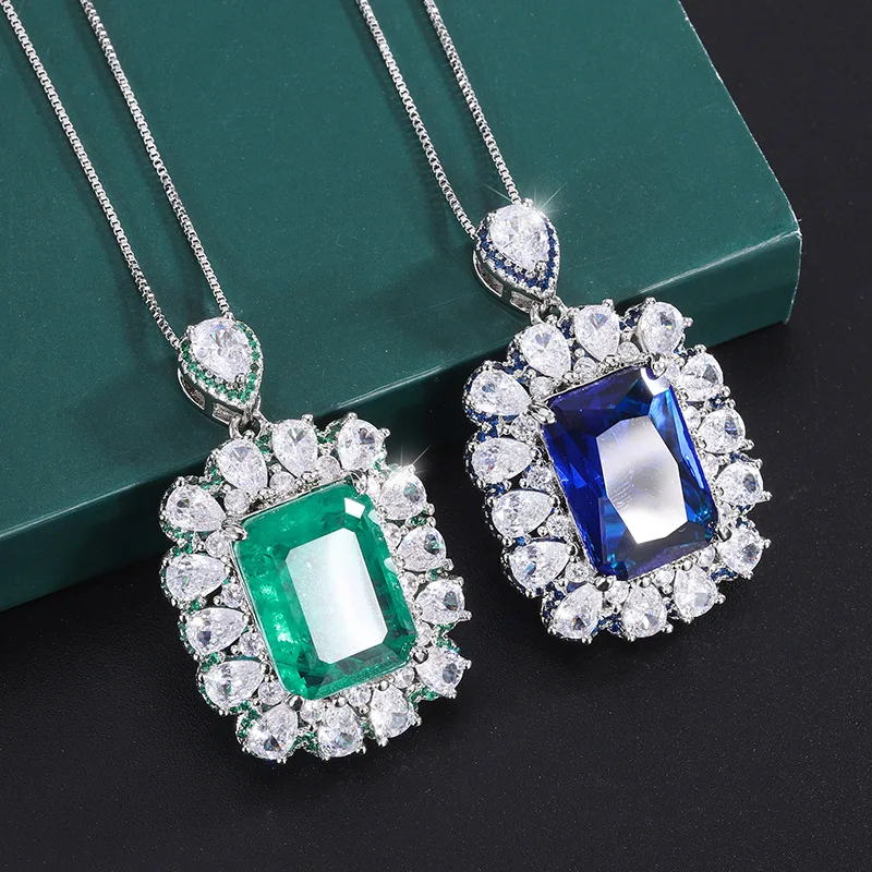 

2022 New Charms Fashion 13*18mm Square Emerald Sapphire Pendant Necklace Women's Jewelry Wedding Party Anniversary Boho Gift