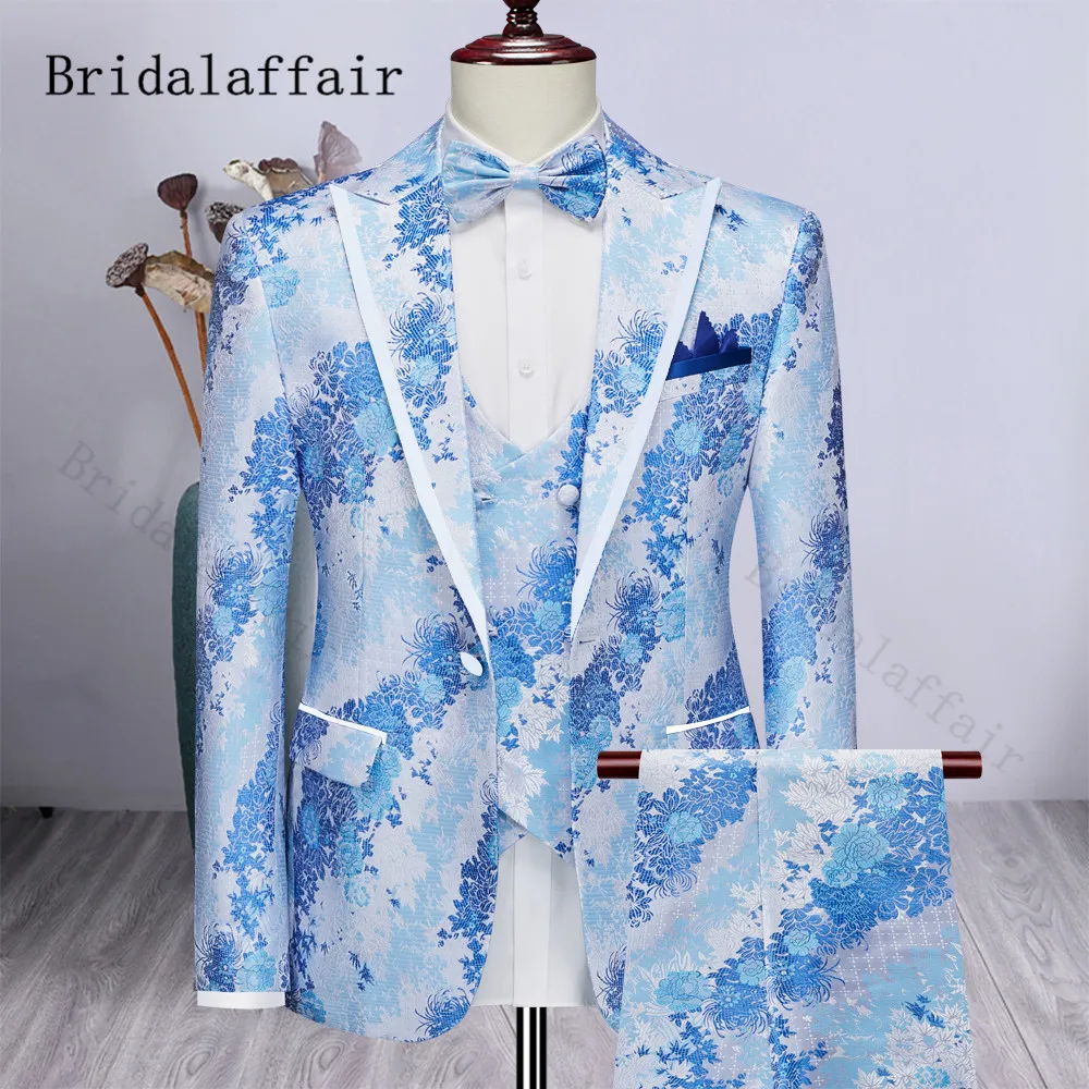 Bridalaffair Blue Floral Printed Men Suits Peaked Lapel Wedding Suit for Men Double Brested 3pcs Blazer Vest Pants Costume Homme