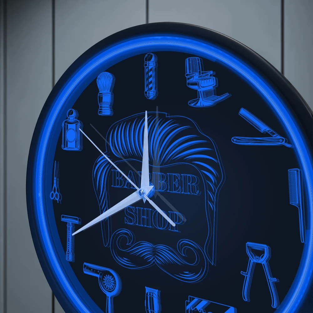Barber Shop Red Neon Logo Metal Frame Wall Clock for Man Cave Barbering Business Sign Flexible Flex illuminated Neon Wall Clock