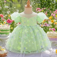 Robe de princesse rose imprimé papillon pour bébés filles, robes de fête de 1er anniversaire, vêtements Tutu de mariage pour nourrissons, nouvelle robe en dentelle 3