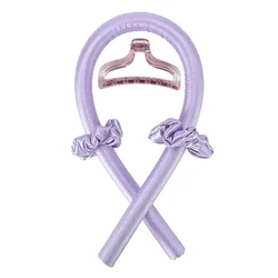 Silk Heatless Curling Headband - Soft Ribbon Hair Rollers for Effortless Styling (Purple with Clip)