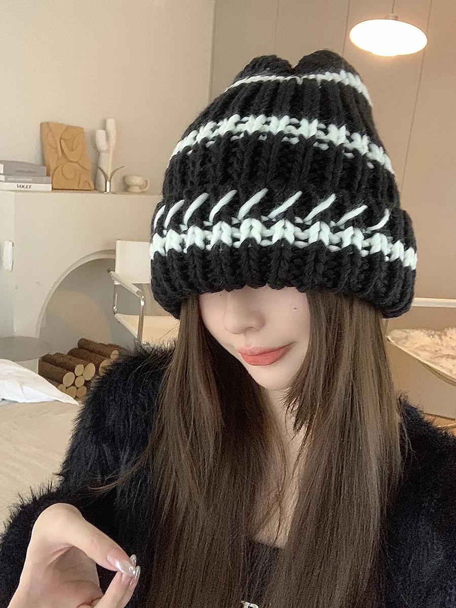 Gebreide beanie muts dames gestreept dik winter warm retro stijl_voghion.com