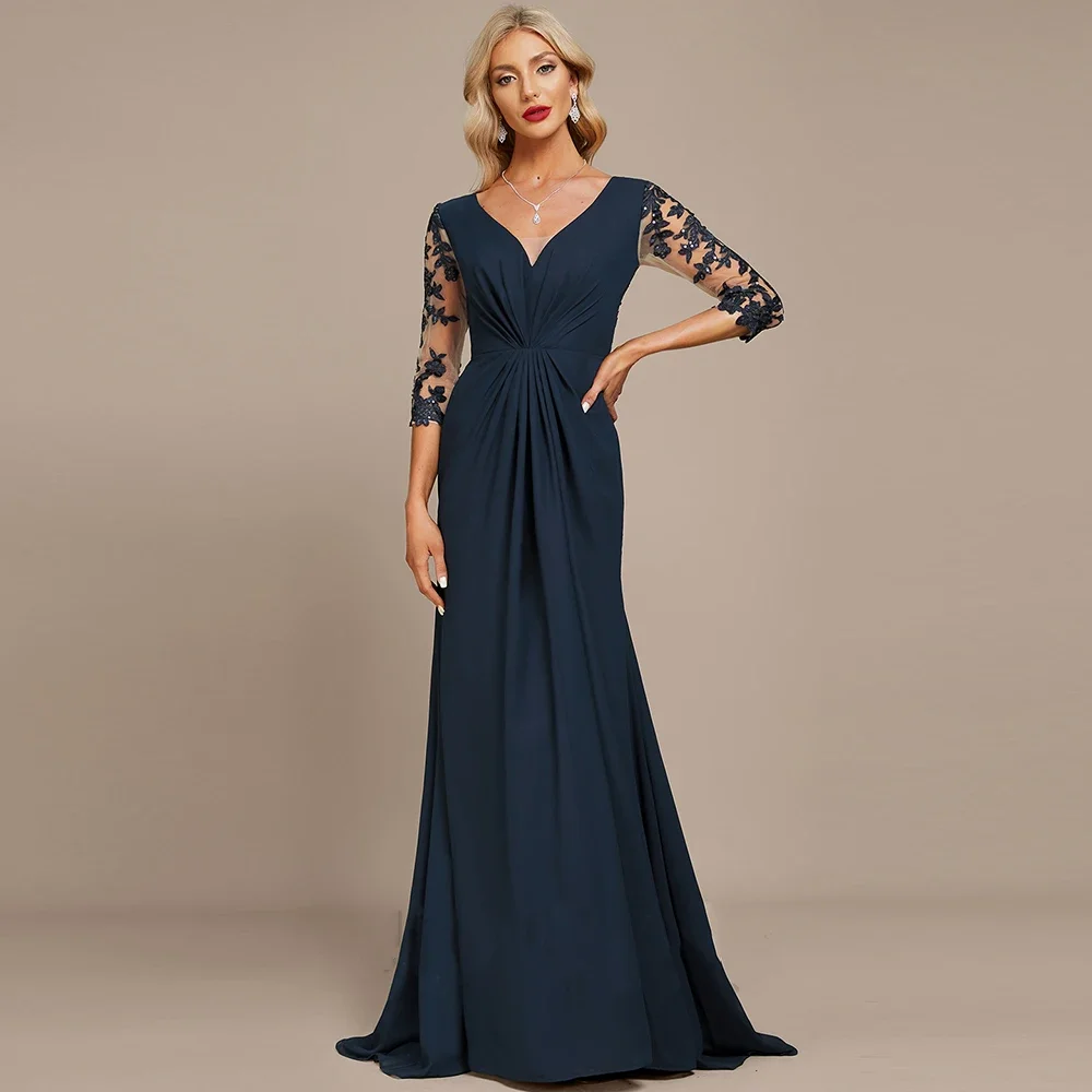 

Chiffon Mother Of The Bride Dresses V-Neck Three Quarter Sleeve Pleat A-Line Prom Gown Sequin Lace Appliques Evening Dress